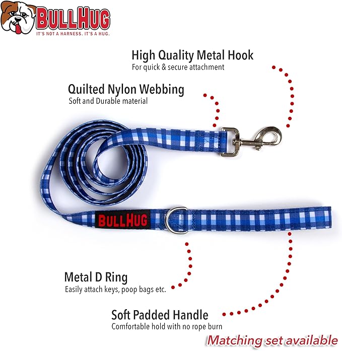 BULLHUG 6 FT Bulldog Leash with Padded Handle. Perfect for Bulldogs, French Bulldogs, Pugs & All Breeds. Leashes for Walking, Training Lead for Bulldogs (Blue Plaid)