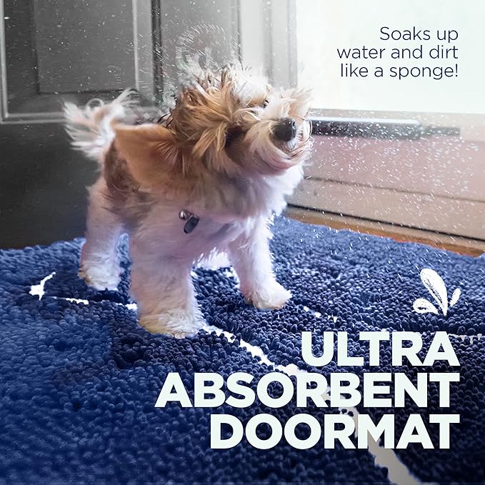 Soggy Doggy Doormat with Bone Design - Ultra Absorbent Microfiber Chenille Wet Dog Mat for Muddy Paws - Non-Slip and Machine Washable (Navy Blue/Oatmeal Bone, Large 26” x 36”)