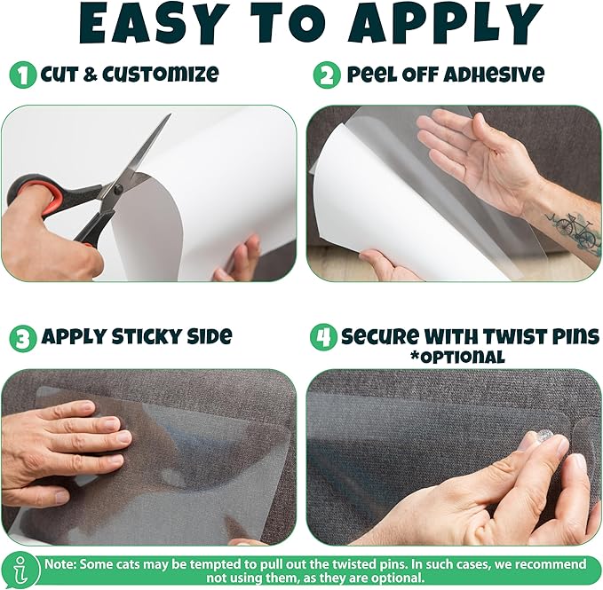 Anti Cat Scratch Furniture Protector, 24-Pack Couch Protector from Cat Claws – Heavy-Duty, Easy-to-Apply Scratching Deterrent and Shield for Sofa Corners, Walls, Doors- with 124 Twist Pins