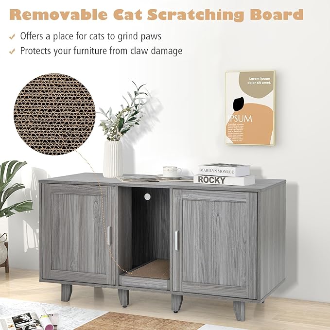 Tangkula Double Cat Litter Box Enclosure for 2 Cats, Large Stackable Hidden Privacy Cat Washroom Cabinet with Scratching Board, Indoor Cat House TV Stand, Litter Box Furniture (Grey Oak)