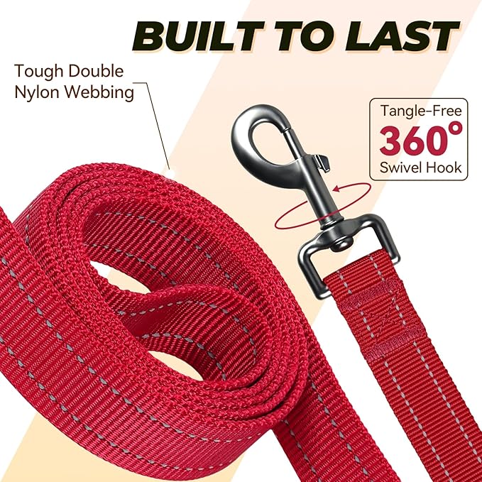 VIVAGLORY Twingrip Dog Leash, Double Handle Dog Leash for Training & Walking with Traffic Handle & 2 Loop, Traffic Control Reflective Heavy Duty for Puppy Pet, 6ft x 1in, Red