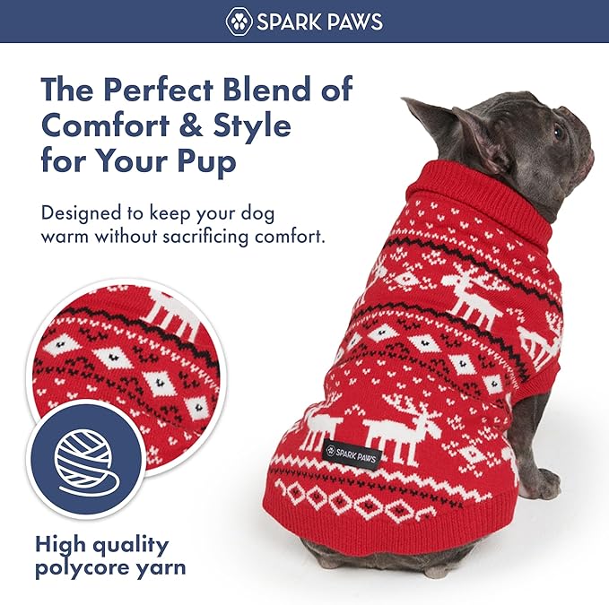 Spark Paws Christmas Dog Sweater – Ultra Soft Holiday Knit Sweater for Small, Medium & Large Dogs, Cute Pet Sweater for French Bulldogs & Big Dogs, Easy Potty V Cut Design Jacket - (Dasher Red,2XL)