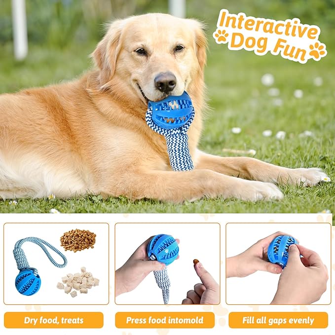 Treat Dispensing Dog Toys & Dog Puzzle Toy to Keep Them Busy, Bite and Brush Dental Toy for Medium Large Dogs Bathing Grooming, Enrichment Toys Freeze Ball for Dogs (Blue Yellow)