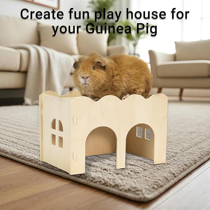 Guinea Pig Hideout, Natural Wooden Chew Proof Hideaway Hut for Small Pets (Wood, Guinea Pig)