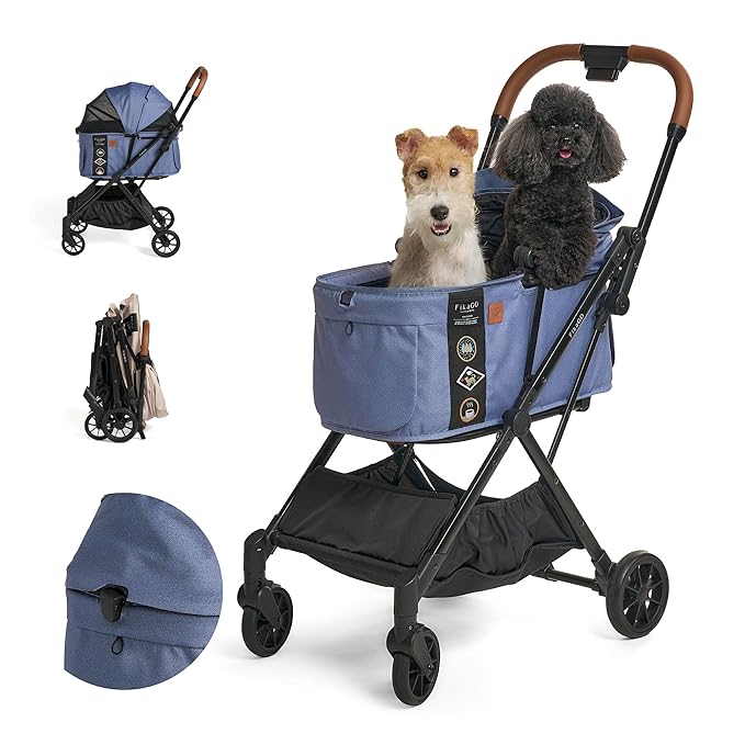 FikaGO-FTG2 Luxury Pet Stroller Lightweight Fast Folding - 44lbs Load Capacity, Pet Stroller Carriage for Small Medium Sized Pet, Portable Safety Pet Carrier or Pet Crate for Travel Gear