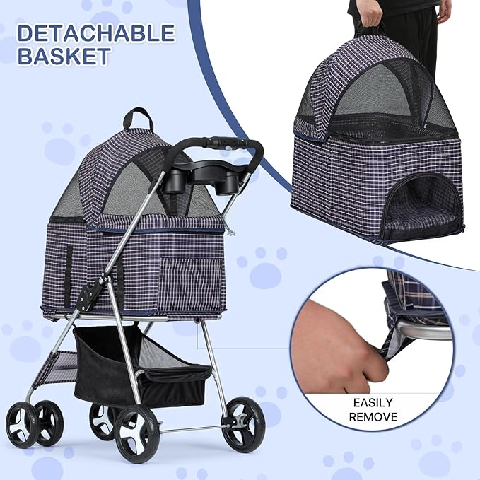 MoNiBloom 3 in 1 Foldable Pet Stroller for Small & Medium Dogs, Detachable Carrier, Car Seat, Push Button Entry, 4-Wheel Jogger for Pets up to 33 lbs, Plaid