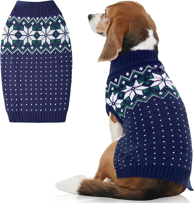 FUAMEY Dog Christamas Sweater, Warm Dog Sweater Classic Snowflake New Year Turtleneck Sweaters Knitwear Cold Weather Dogs Pullover for Small Medium Dogs Puppies & Cats Bulldogs Corgi with Leash Hole
