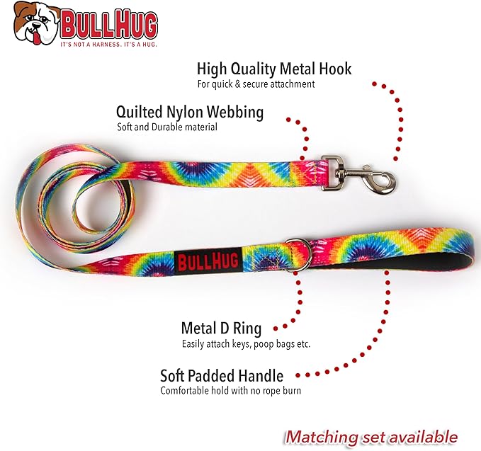 BULLHUG 6 FT Bulldog Leash with Padded Handle. Perfect for Bulldogs, French Bulldogs, Pugs & All Breeds. Leashes for Walking, Training Lead for Bulldogs (Rainbow TIE DYE)