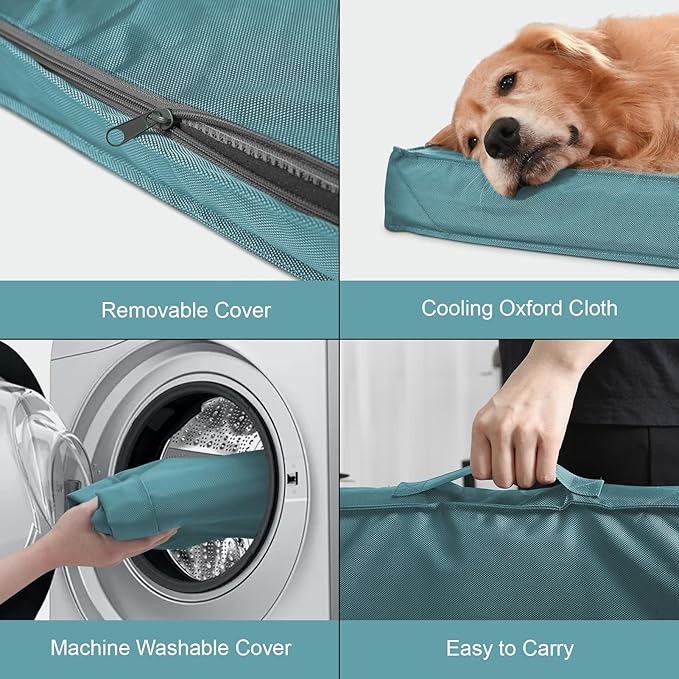 Outdoor Large Washable Dog Bed, Orthopedic Egg Crate Foam Dog Crate Mat for Large Dogs with Removable Oxford Cooling Cover, Light Blue