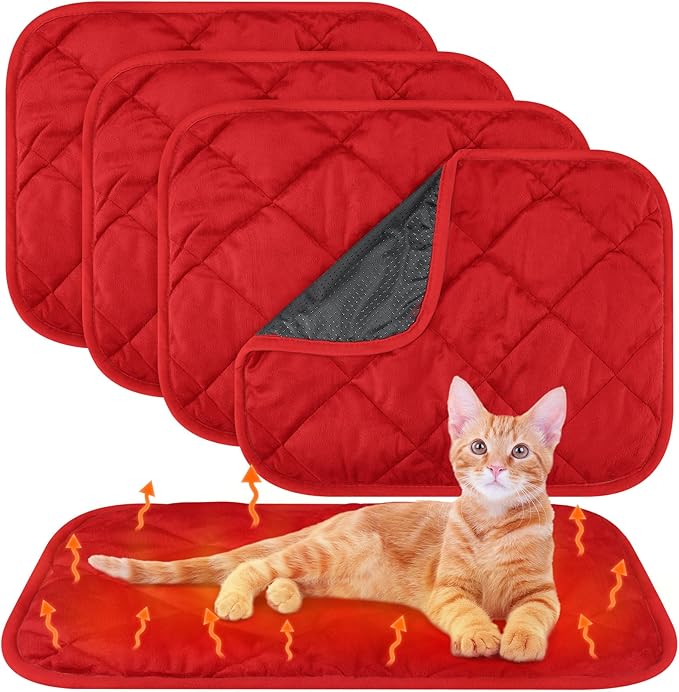 4 Pack Self Heating Cat Pad Self Warming Dog Mat Reflects Body Heat Extra Warm Thermal Pet Pad Washable Dog Cat Bed Crate Bed Mat Blanket (16 x 20 Inch,Red)