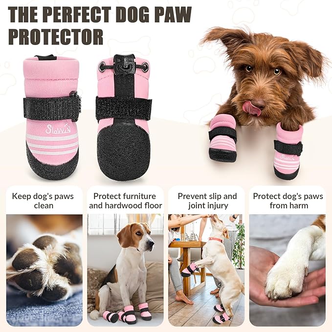 SlowTon Dog Shoes for Medium Large Dogs - Water Resistant Anti-Slip Dog Boots for Hot Pavement Rain Snow,Reflective Dog Paw Protectors for Outdoor Walking, Indoor Hardfloors(Pink,2)