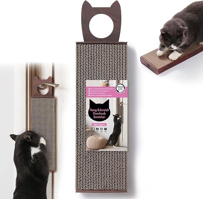 Necoichi Cardboard Hang & Scratch Doorknob Cat Scratcherfor Indoor Cats - Cat Scratching Board, Cat Scratch Pad Lounger with Reversible Usability and Extra Comfort for Wall (Dark Cherry)
