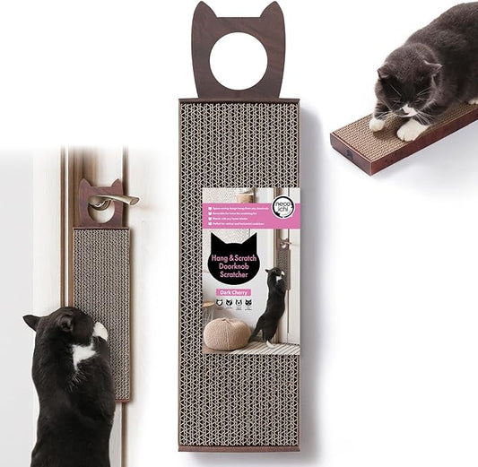 Necoichi Cardboard Hang & Scratch Doorknob Cat Scratcherfor Indoor Cats - Cat Scratching Board, Cat Scratch Pad Lounger with Reversible Usability and Extra Comfort for Wall (Dark Cherry)