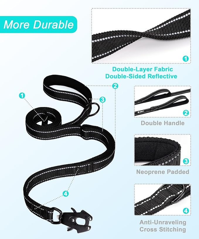 GEIT 4/5/6FT Heavy Duty Dog Leash with 2 Comfortable Padded Handles, Reflective Rope Leashes with Quick Release/Locking Tactical Frog Clip for Small Medium and Large Dogs, Black
