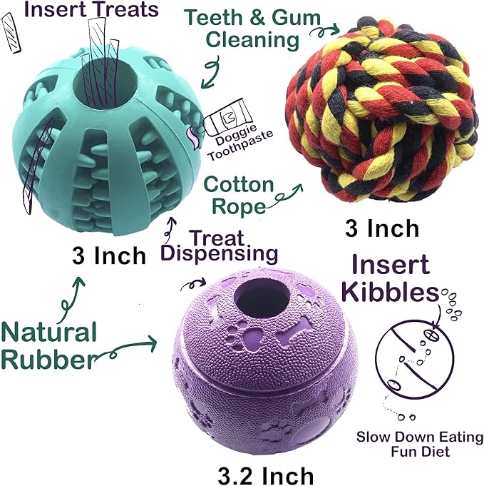 Jalousie Dog Puzzle Balls Dog Treat Dispensing Balls Non-Toxic Natural Rubber Dog Chew Toys for Puppy Pet Dog Teething Puzzle Playing Treat Dispenser Rope Balls (Large, 6 Pack Assorted)
