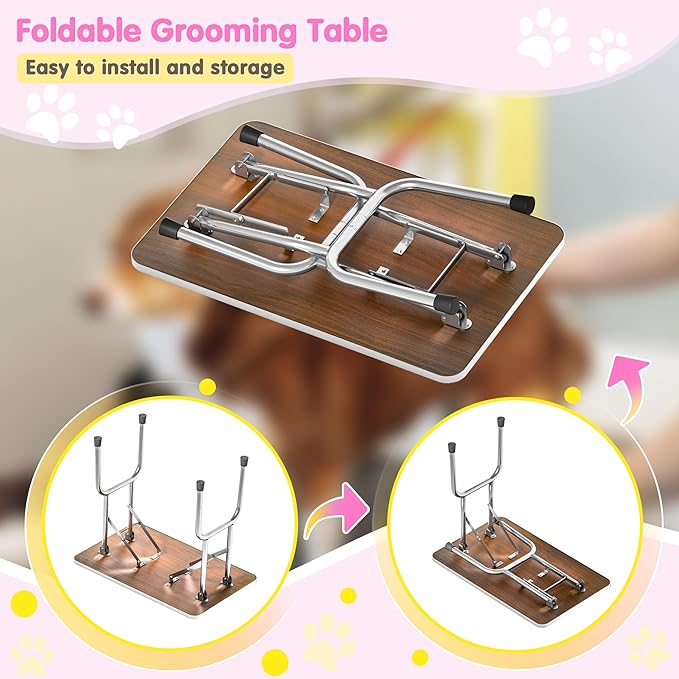 Lyromix Dog Grooming Table, Adjustable Large Pet Drying Desktop, Foldable Bathing Desk with Arms, Noose, Mesh Tray, Maximum Capacity Up to 330Lb
