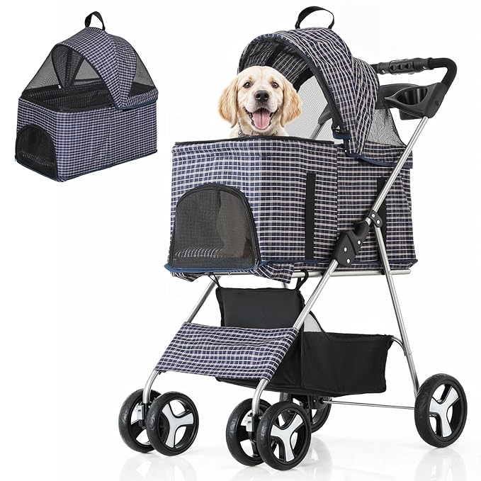 MoNiBloom 3 in 1 Foldable Pet Stroller for Small & Medium Dogs, Detachable Carrier, Car Seat, Push Button Entry, 4-Wheel Jogger for Pets up to 33 lbs, Plaid
