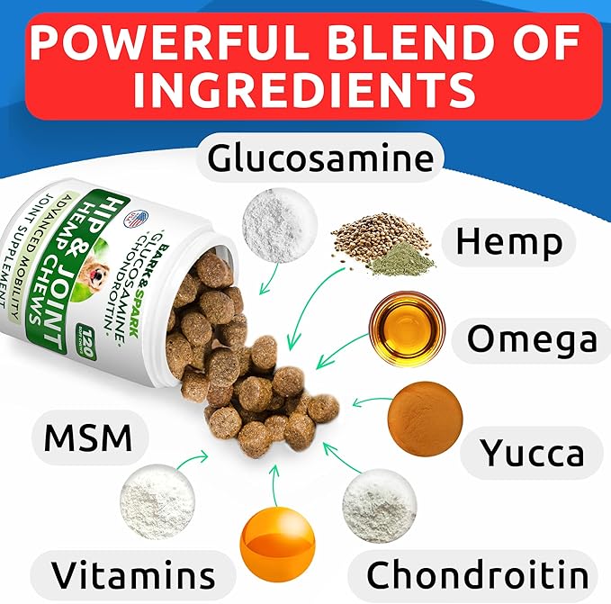 BARK&SPARK Advanced Hemp Chews for Dog Joint Pain Relief - Glucosamine Chondroitin Hemp Treats Hip Joint Health - Joint Supplement Large Breed & Small - Treats Joints Old Senior Dog (120Ct/Bacon)
