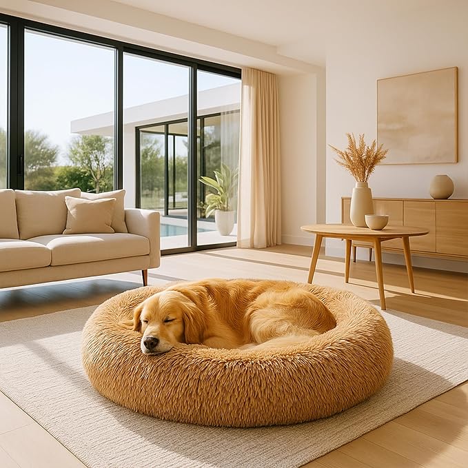 Calming Dog Bed - Fluffy Donut Cuddler for Anxiety Relief, Orthopedic Pet Bed with Non-Slip Bottom, Cozy Round Faux Fur Nest for Dogs and Cats, Plush Crate Mat for Comfort (Camel, Medium)