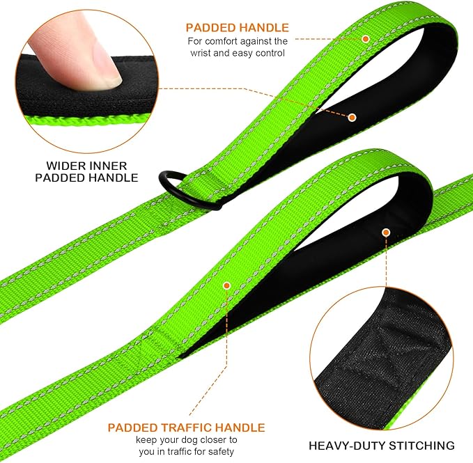 Joytale Dog Leash Heavy Duty for Large Dogs That Pull, Double Handle for Traffic Control, Double-Sided Reflective Leashes for Large Medium Dogs Night Safety, 6FT, Green