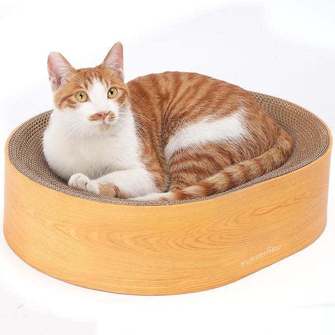 FUKUMARU Cat Scratcher Cardboard Lounge Bed, 2-in-1 Cat Scratch Pad, Oval Cats Scratching Board Indoor, Durable Modern Kitty Scratcher Bowl, Cats Scratch Furniture Protector, Wood Color