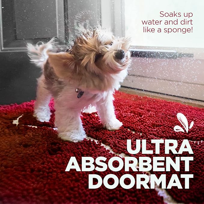 Soggy Doggy Doormat with Bone Design - Ultra Absorbent Microfiber Chenille Wet Dog Mat for Muddy Paws - Non-Slip and Machine Washable (Cranberry/Oatmeal Bone, Large 26” x 36”)