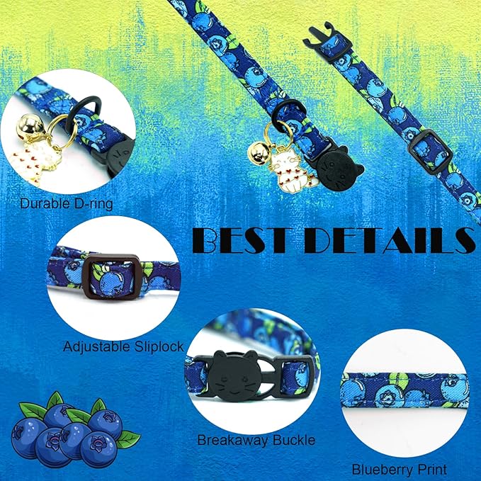 Elegant little tail 2 Pack Cat Collar- Blueberry Cotton Breakaway Cat Collars with Bell Pendant Kitten Boy Girl Safety Adjustable Collar for Small Cats Puppy