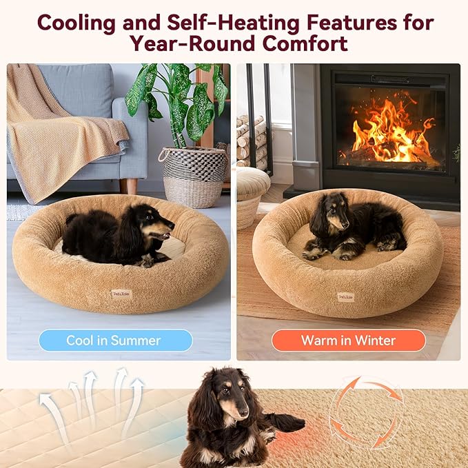 Self-Warming Calming Donut Dog Bed for Small Dogs & Cats – Orthopedic Memory Foam Round Pet Bed for Anxiety Relief & Joint Support, Waterproof Liner, Washable Removable Cover, Non-Slip Bottom