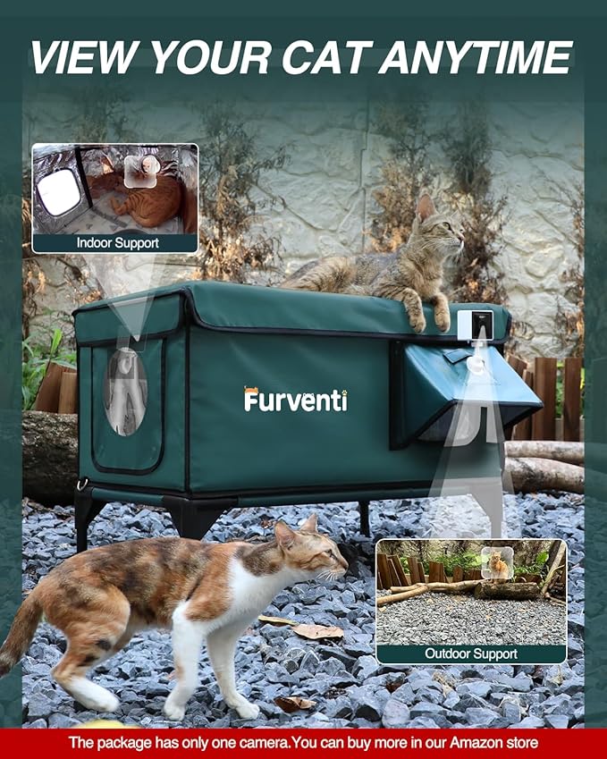 Heated Cat House for Outside,Dual Camera Mounts,100% Weatherproof & Extremely Insulated,Elevated Feral Cat Shelter with Escape Door,Waterproof Eaves for Outdoor Stray Barn Cat(Dark Green, L with Cam)