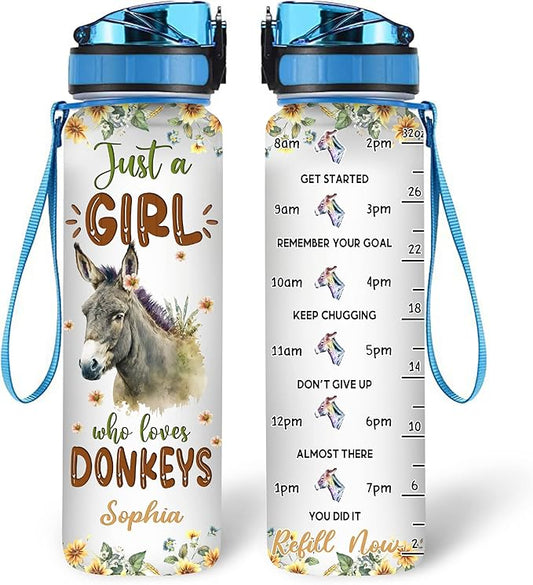 Hyturtle Personalized Donkey Lovers 32 Oz 1Liter Motivational Water Bottle With Time Marker, Just A Girl Who Loves Donkeys, Animal Lovers Gifts For Women, Girl On Birthday, Christmas