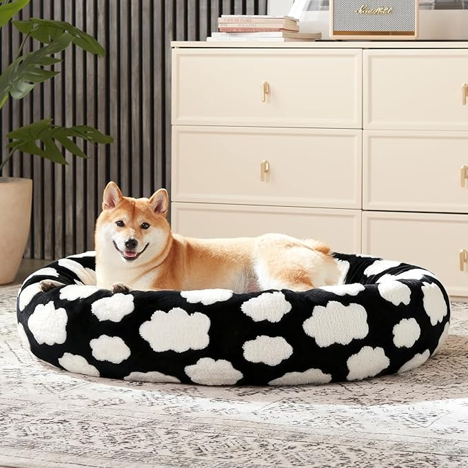 JOEJOY Donut Cat Beds for Indoor Cats, Round Calming Small Dog Bed with Removable Washable Cover, Orthopedic Cute Puppy Kitten Pet Bed with Jacquard Shaggy Plush & Non Skid Bottom, Black