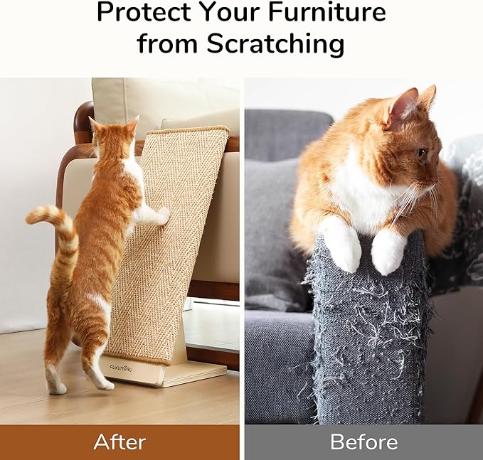 FUKUMARU Cat Scratcher, 23.66 Inch Sisal Cat Scratching Post Ramp, Replaceable Scratching Mat for Indoor Cats, Wood Frame L Shape Wall Mounted Scratch, Cats Scratch Furniture Protector for Couch Sofa