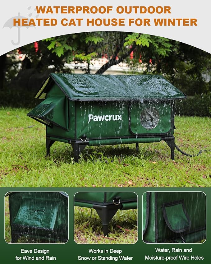 100% Waterproof Heated Cat House for Outdoor with Safe Escape Door, Heated Cat Bed Weatherproof Cat Shelter Kitty with Cat Heating Pad, Insulated Warm House for Feral Cat (Green, S)