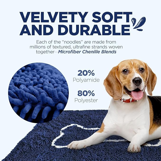 Soggy Doggy Doormat with Bone Design - Ultra Absorbent Microfiber Chenille Wet Dog Mat for Muddy Paws - Non-Slip and Machine Washable (Navy Blue/Oatmeal Bone, Extra-Large 36” x 60”)