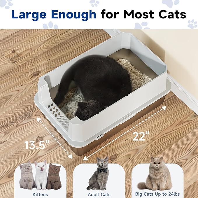 TENTIZON Stainless Steel Extra Large Covered Cat Litter Box with Lid, High Sides, Litter Mat, Scoop, Hooded Enclosed Kitty LitterBox for Big Cats Up to 24lbs, Multi-Cat, Ordor Control, Easy Clean