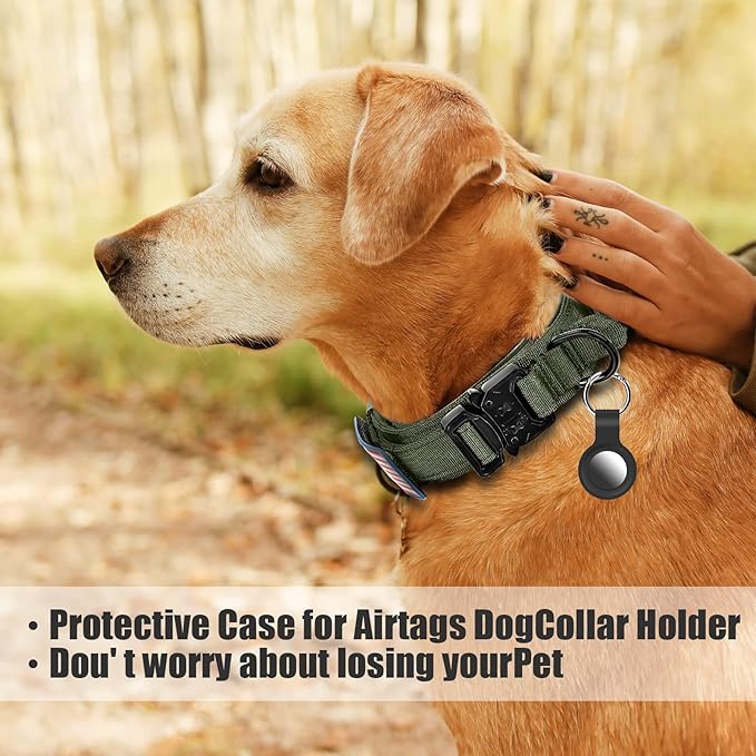 Tactical Military Collar - Adjustable Nylon, Heavy Duty Metal Buckle with Handle for Dog Training, with Patches (Green, M)