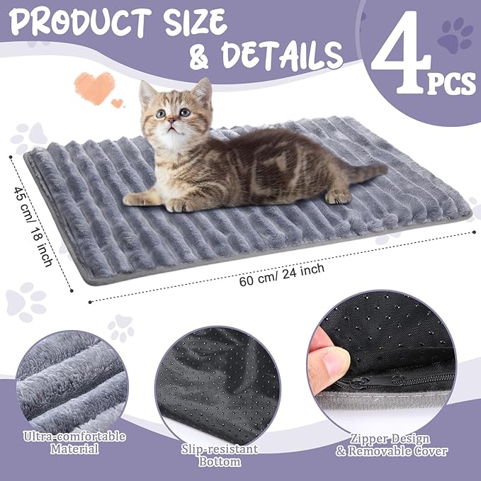 Nuanchu 4 Pack Self Warming Cat Bed Self Heating Dog Cat Pad 24"x18" Dog Crate Mat Extra Warm Thermal Pet Pad for Indoor Outdoor Pets Houses with Removable Washable Cover Non Slip(Grey)