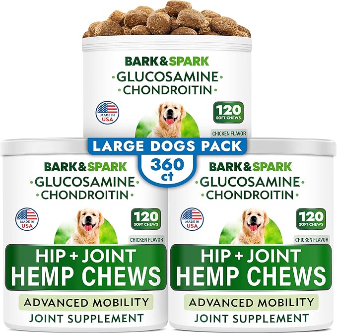 Hemp + Glucosamine Treats for Large Dogs - Natural Joint Pain Relief - Hip & Joint Supplement w/MSM + Chondroitin + Hemp Oil + Omega 3 - Joint Pain Relief - Made in USA - Chicken Flavor - 360 Chews