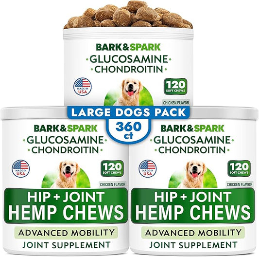 Hemp + Glucosamine Treats for Large Dogs - Natural Joint Pain Relief - Hip & Joint Supplement w/MSM + Chondroitin + Hemp Oil + Omega 3 - Joint Pain Relief - Made in USA - Chicken Flavor - 360 Chews