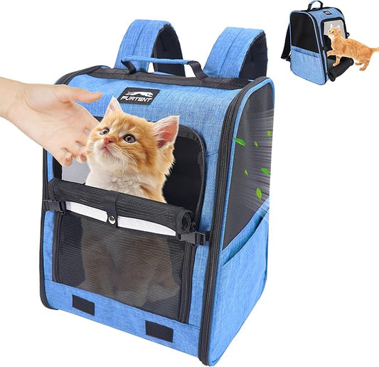 Cat Backpack Carrier with Ventilation Mesh and Safety Leash, Lightweight Dog Travel Backpack with Pockets, Reflective Strip, and Removable Mat,Hiking and Outdoor Use,Blue
