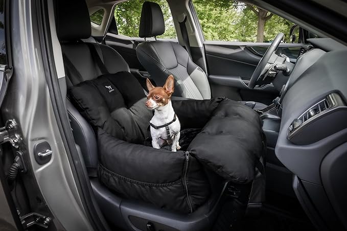 JACKO & CO - Premium Dog Car Seat v2 Firmer Booster Seat for Small Medium Pets Under 30lbs, Puppies, Cats -Travel Bed & Bag, Clip-On Leash Water Resistant (Black/Small (1-30lbs)