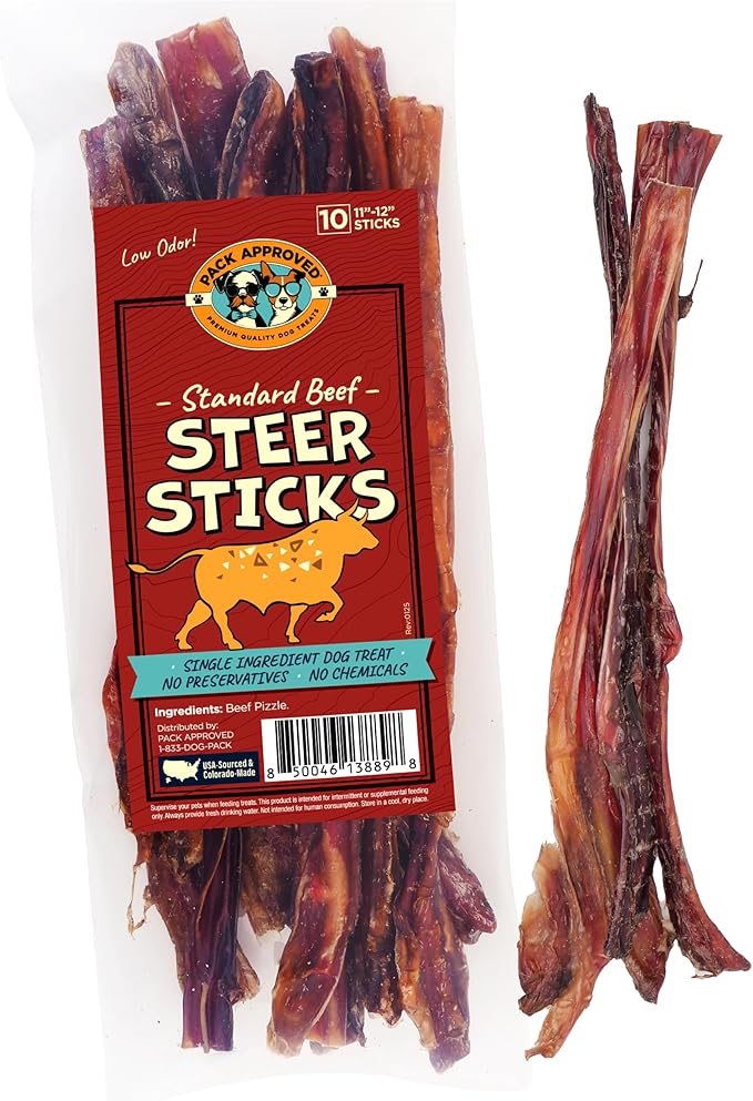 Steer Pizzle Sticks for Dogs Rawhide Free Dog Treats - Single Ingredient Bullysticks Natural Dogs Chews - Odor Free Bully Sticks - Fully Digestible Dog Chew Stick 11-12" (10 Count)