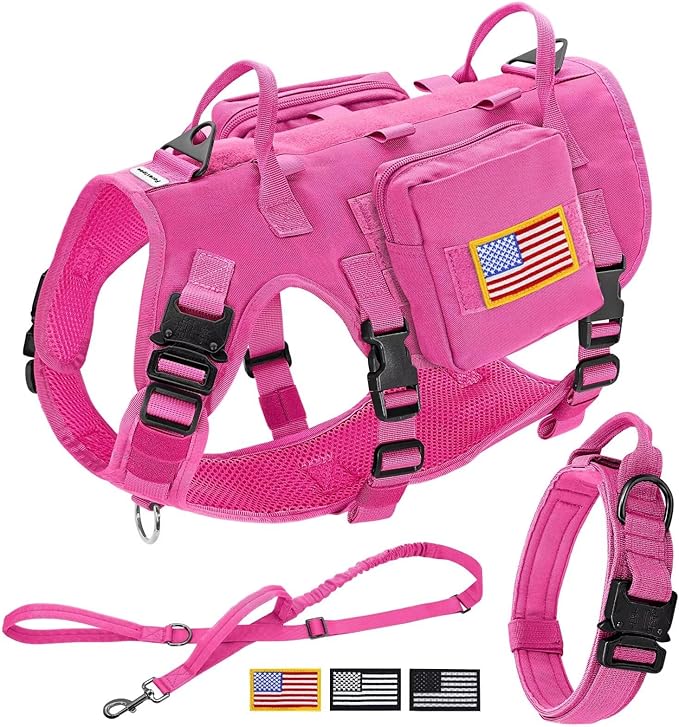 Forestpaw Pink Tactical Dog Harness for Large Dogs,Tactical Dog Collar with Bungee Leash Set,No Pull Military Dog Harness for Walking Training,Adjustable for Medium Large Dogs,Chest 21.5-45"
