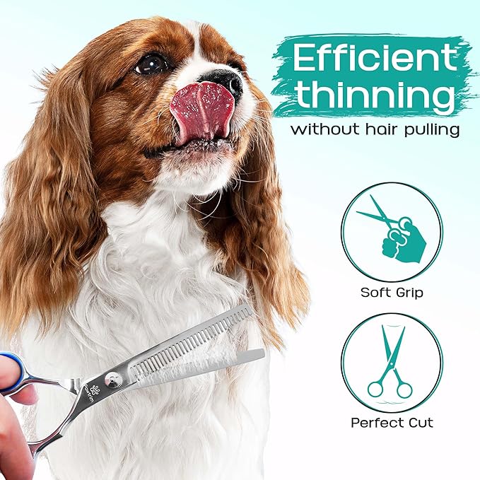 Professional Pet Grooming Kit – 6 in 1 Dog Grooming Scissors Kit - Dog & Cat Grooming Supplies - Adjustable Screw Scissors, 4CR Stainless Steel Dog Clippers, Hair Thinning Shears, Rubber Grips