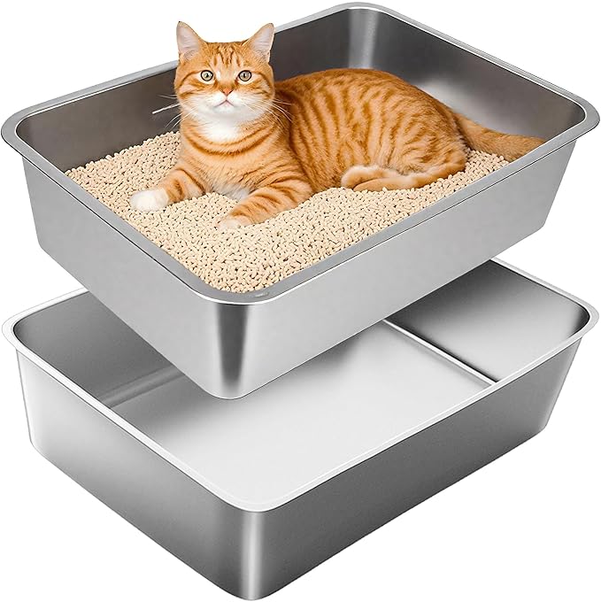 Stainless Steel Cat Litter Box, Medium Metal Litter Tray Pan Litterbox, 2-Pack Stainless Steel Litter Box for Big Cats, 19.7" Lx13.8 W x3.9 H, No Odor Absorption,Easy to Clean, Rustproof