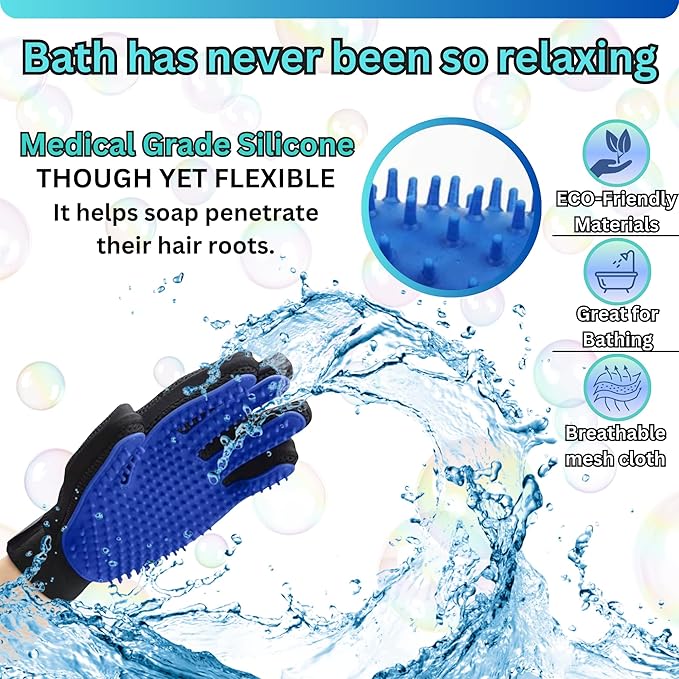 (1 Pair) Pet Hair Remover Gloves – Blue, Reusable Grooming Gloves for Dogs, Cats & Horses, Gentle Deshedding, Bathing & Massaging, Anti-Shedding Tool for Pet Hair Removal 1 Pair