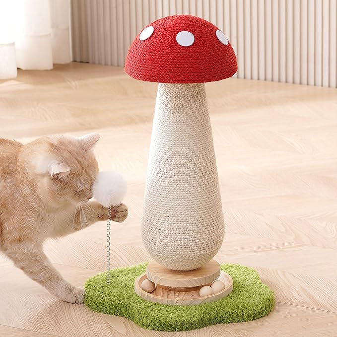 Mushroom Cat Scratching Post Cat Tree, 21.5‘’ H Cute Cat Scratcher Tower with Durable Solid Wood Turntable Toy, Mushroom Scratch Post Cat Sisal Scratcher with Catnip for Indoor Adult Cats