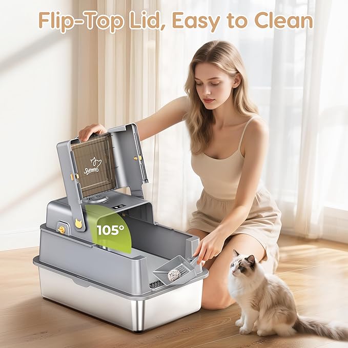 L7 Ultra-Stainless Steel Litter Box with Smart Odor Control, XXL Extra Large Enclosed Metal Cat Litter Box with Lid for Kitty&Big Cats, High Sided Enclosure with Scoop & Mat, Anti-Leakage-Grey