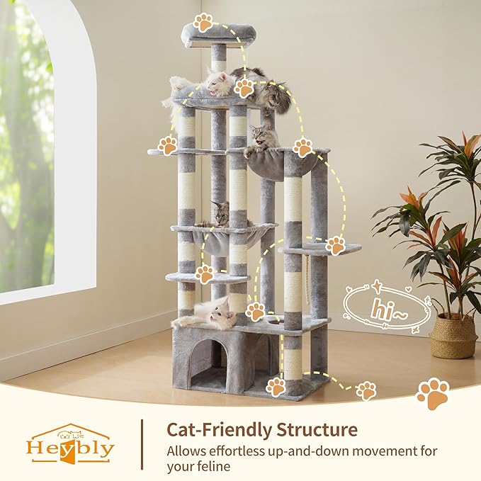 Heybly Cat Tree, 71-Inch Tall Cat Tower for Large Maine Coon Cats with Extra-Large Baseboard, Cat Condo Furniture with Multi-Level Platforms, 2 Hammocks and 12 Scratching Posts, Light Gray HCT037W