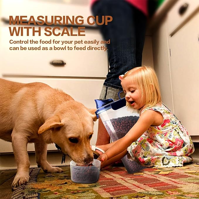 Dog Food Storage Container, 5-7 Lbs Airtight Pet Food Container, Cat Food Container Dispenser with Portable Handle, Pouring Spout and 4 Seal Buckles for Dogs Cats 2 Pack Blue